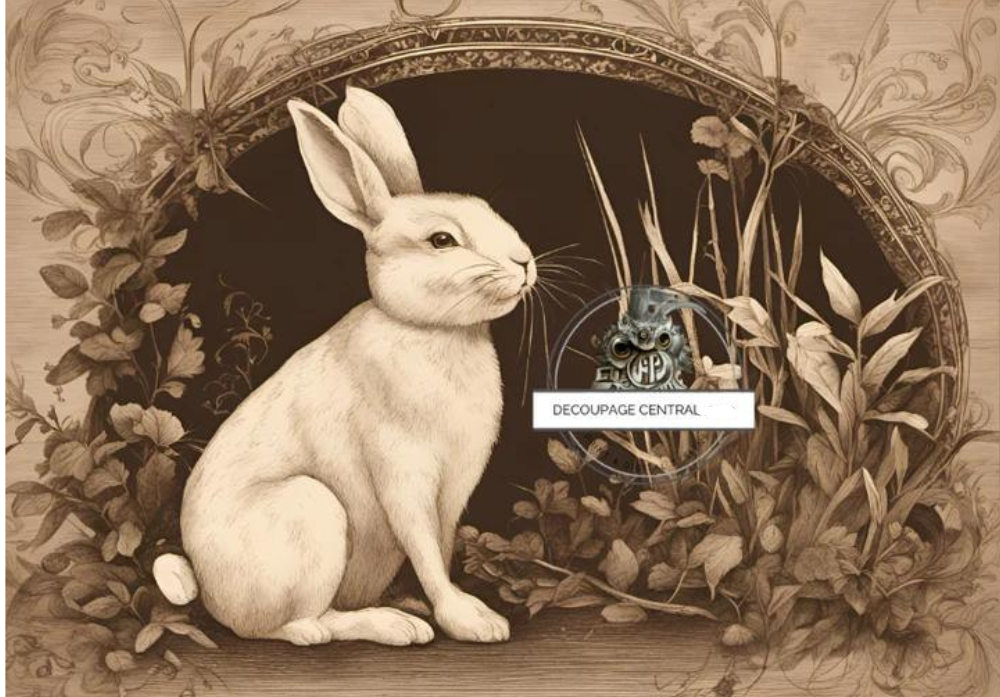 a bunny in sepia in front of a egg shaped cave with gray plants Decoupage Central Decoupage Rice Paper