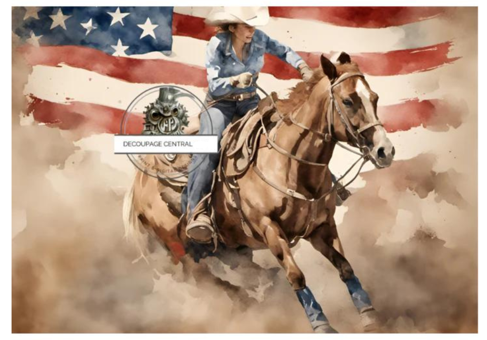 Girl barrel racing on western horse with american flag in background. A4 size Decoupage Paper from Decoupage Central for DIY Crafts and mixed media art.