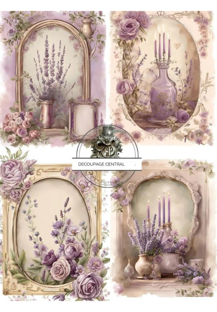Lavender themed plants in vases next to mirrors in rectangle frames Decoupage Central Rice papers