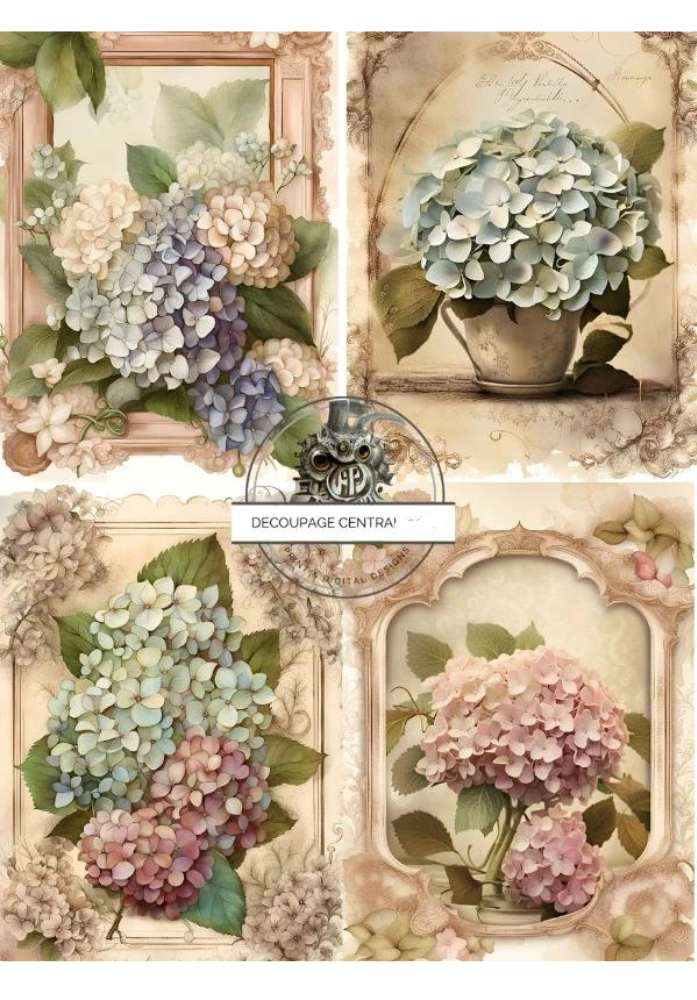 Green, purpled and pink flowers in pots cards Decoupage Central Rice paper