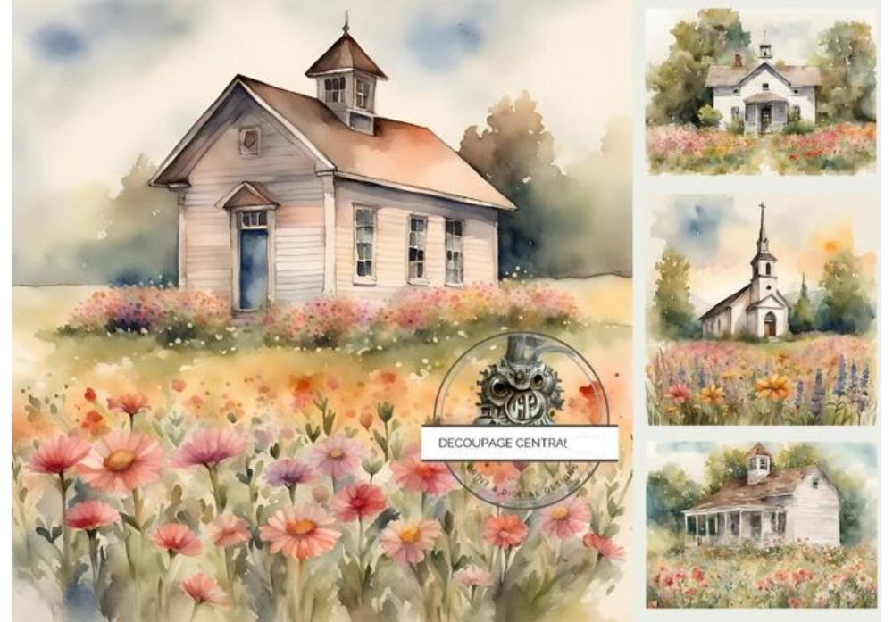 Country churches in spring flower meadows card Decoupage Central Rice Paper