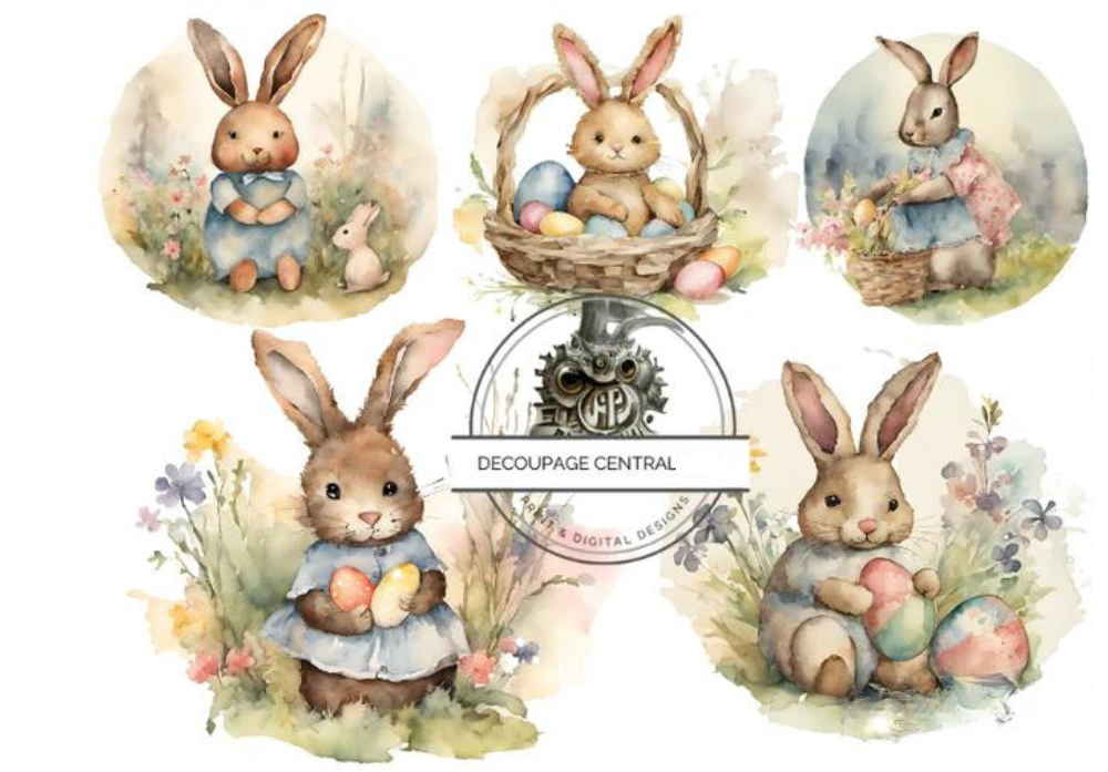 Five images of stuffed animal style bunnies and Easter eggs, baskets. Decoupage Central A4 Decoupage Paper for crafting.