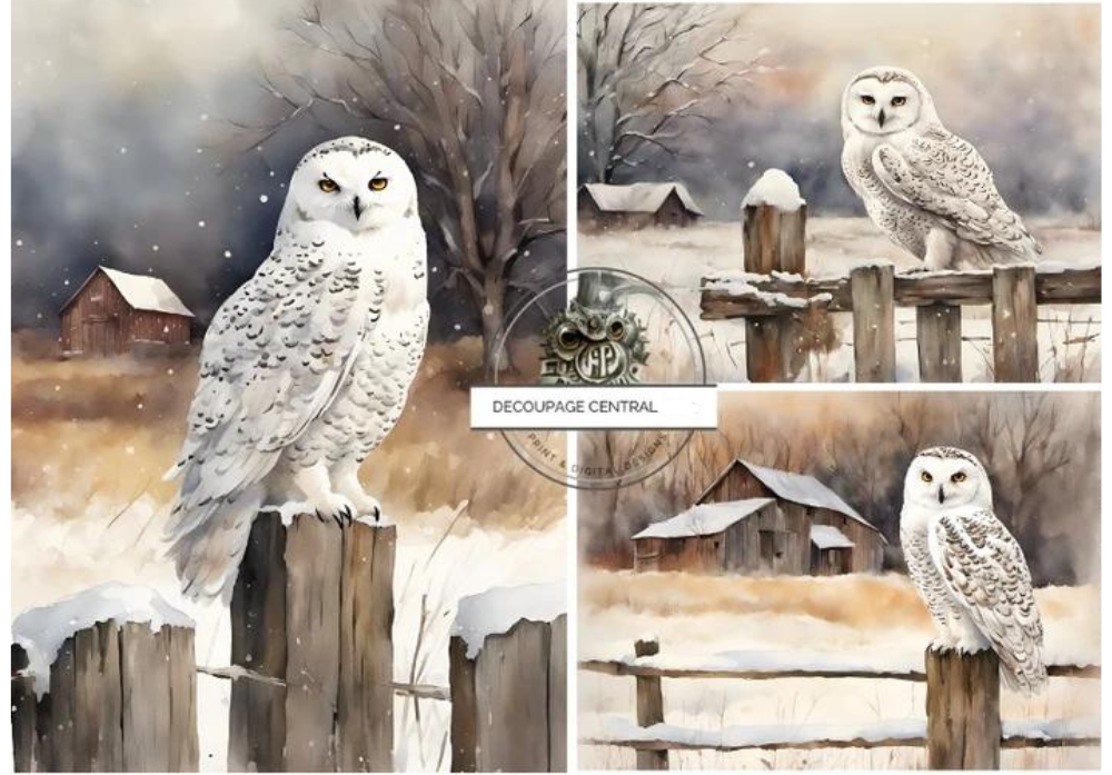3 scenes of white snow owl on wood fence on farm Decoupage Rice Paper