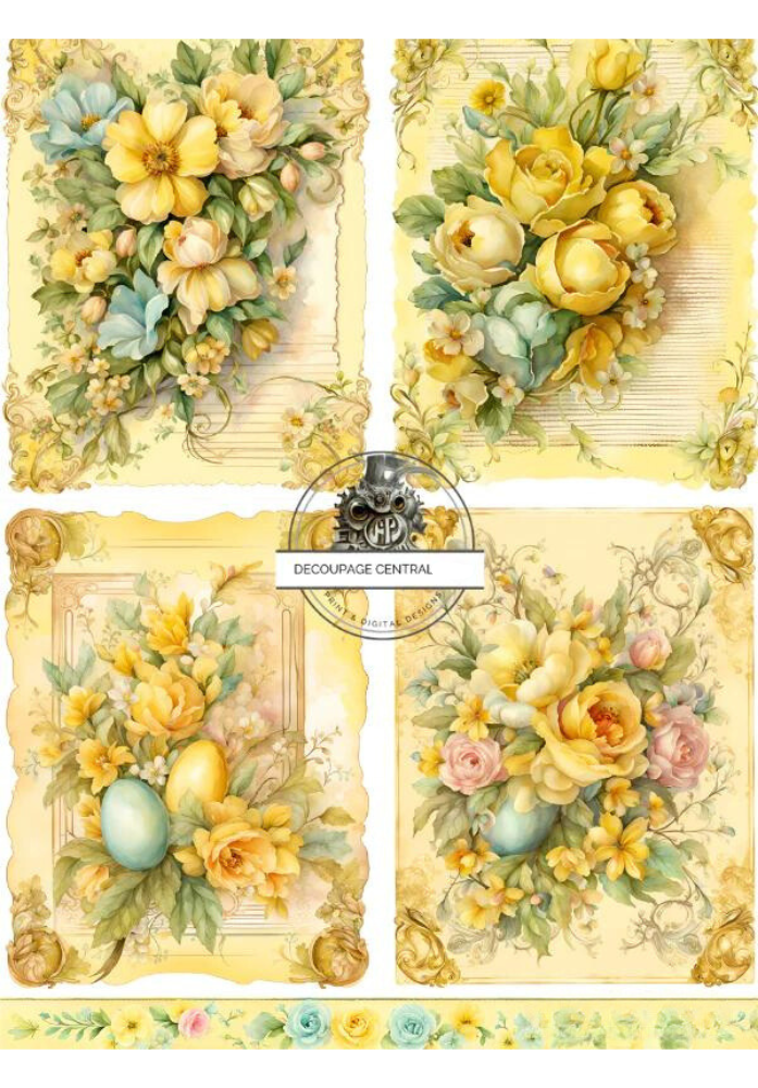 Four images of yellow flowers and Easter eggs. Decoupage Central A4 Decoupage Paper for crafting.