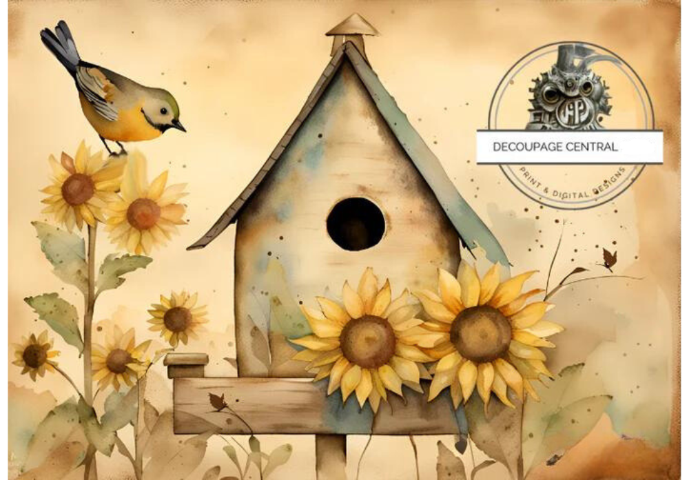 Bird and birdhouse with yellow sunflowers on sepia background. Decoupage Central rice paper.