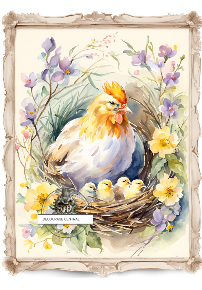 White and orange hen in wood basket with 4 yellow chicks. Decoupage Central rice paper.