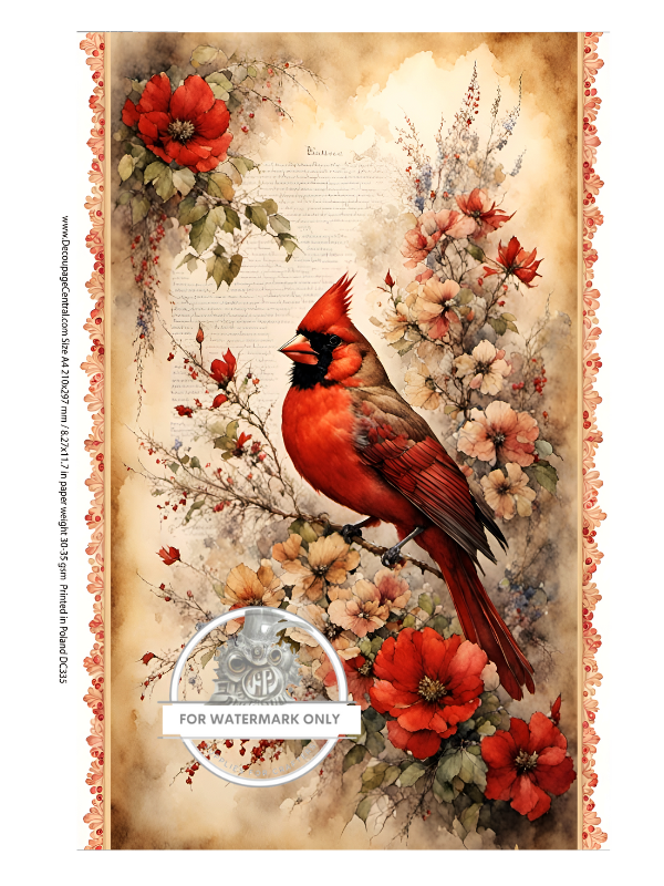 Red cardinal on branch with red blossoms with background on vintage paper with script Decoupage Central rice paper
