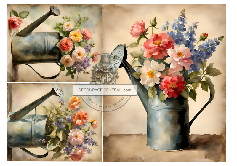 vintage watering can with pink white and  blue blossoms Decoupage Central rice paper