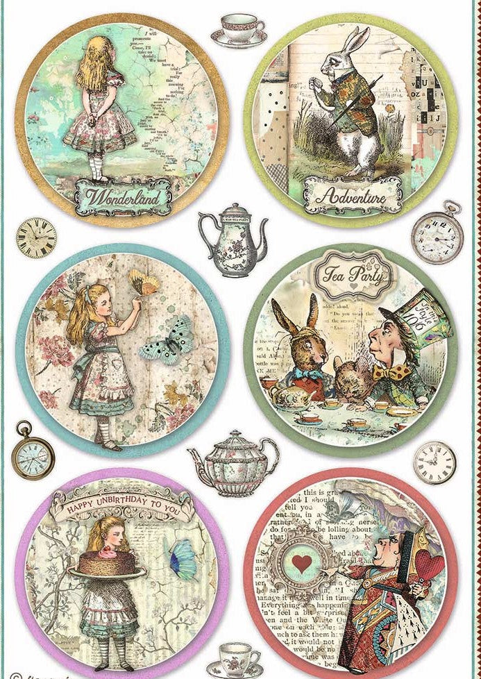 circles of Alice in wonderland images with rabbit, tea party, queen of hearts and butterflies Stamperia A4 Rice Paper for Decoupage