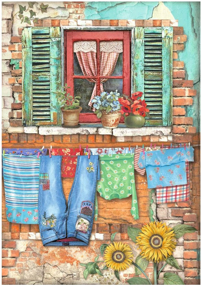 Red window with laundry of patched blue jeans with flowers towels and green shirt with white flowers Stamperia A4 Rice Paper for Decoupage