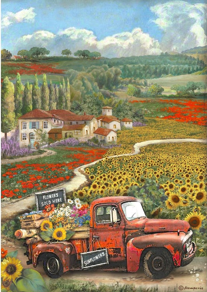 Old red truck in sunflower field next to villa with red roof Stamperia A4 Rice Paper for Decoupage