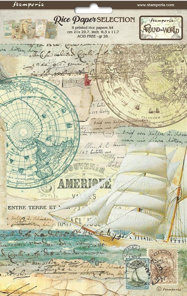 Nautical maps on green and blue and tan with boat and stamps Stamepria A4 Rice Paper Set for Decoupage