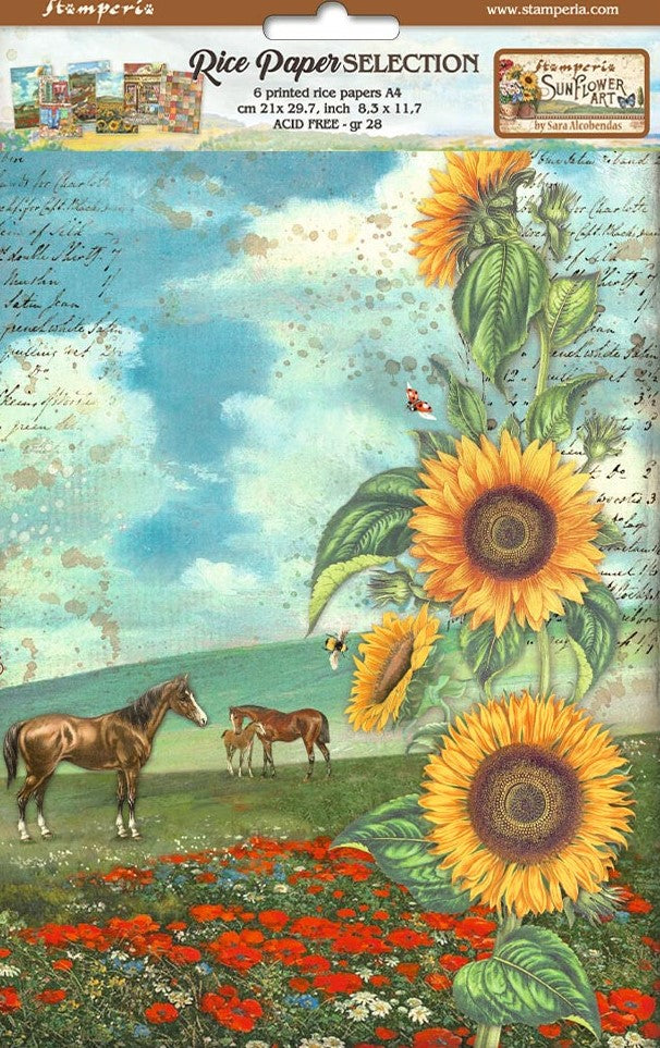 Brown horses on green hill with red flowers with Sunflower Boarder Stamepria A4 Rice Paper Set for Decoupage