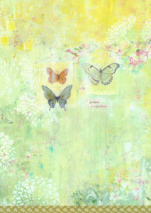 3 butterflies on green yellow background. Colorful European Rice paper used for Decoupage Art, Decoupage Crafts and Home Decor. 