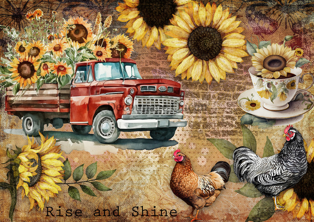 An A4 Rice Paper from Decoupage Queen with Red truck full of yellow sunflowers. Also a coffee cup and saucer and two hens.