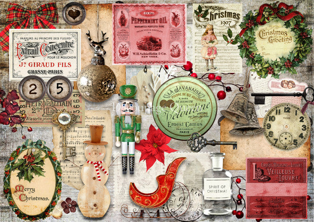 Christmas collage with toy soldiers, wreath, sleigh, snowman, clock, bells. Printed on decoupage paper.