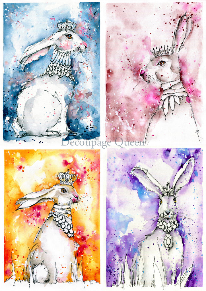 cartoon rabbits with crowns on blue, pink, yellow and purple Decoupage  Queen Rice Paper
