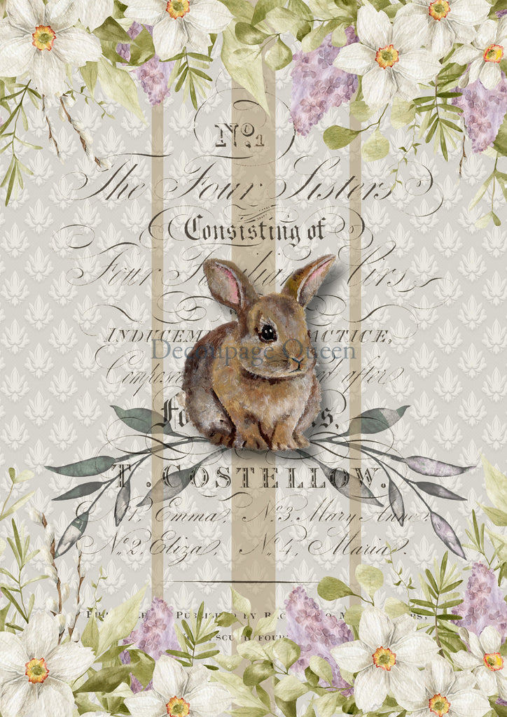gray mouse on vintage paper with script and white blossoms Decoupage  Queen Rice Paper