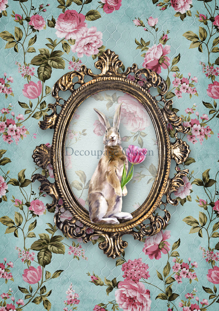 brown and gray bunny in mirror frame with pink blossom with green leaves on blue Decoupage  Queen Rice Paper