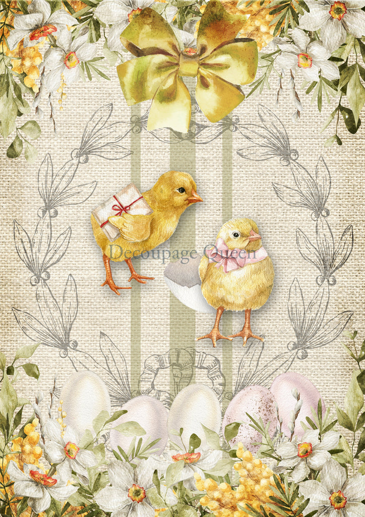 yellow chick with yellow ribbon on gray Decoupage  Queen Rice Paper