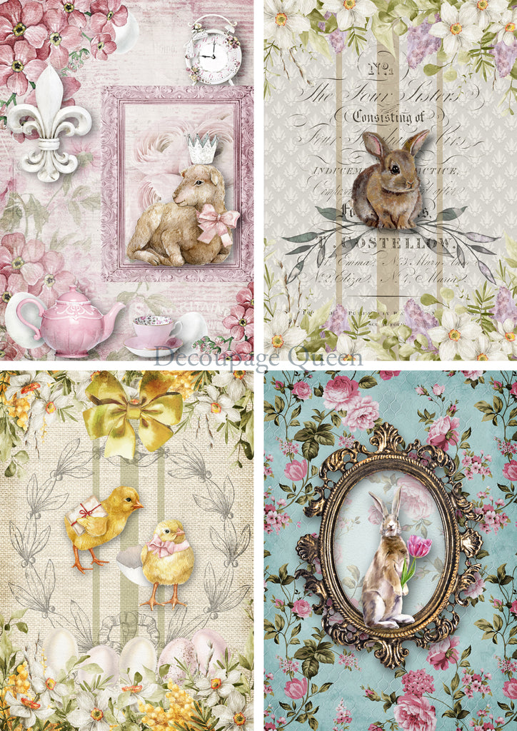 spring animals lamb in crown, bunny on branch, yellow chicks with yellow ribbon and bunny with pink blossoms with green leaves in oval mirror frame Decoupage  Queen Rice Paper