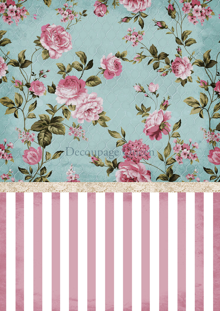 pink blossoms with green leaves on blue over pink and white striped Decoupage  Queen Rice Paper
