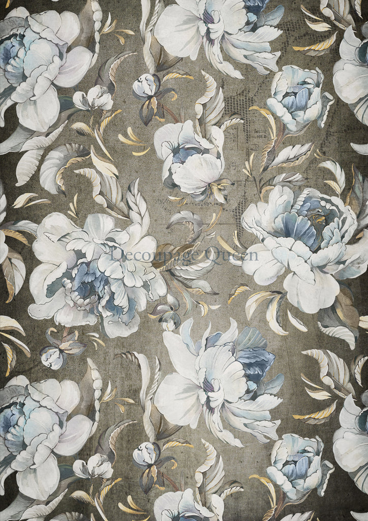 light blue peonies on grey Decoupage  Queen Rice Paper