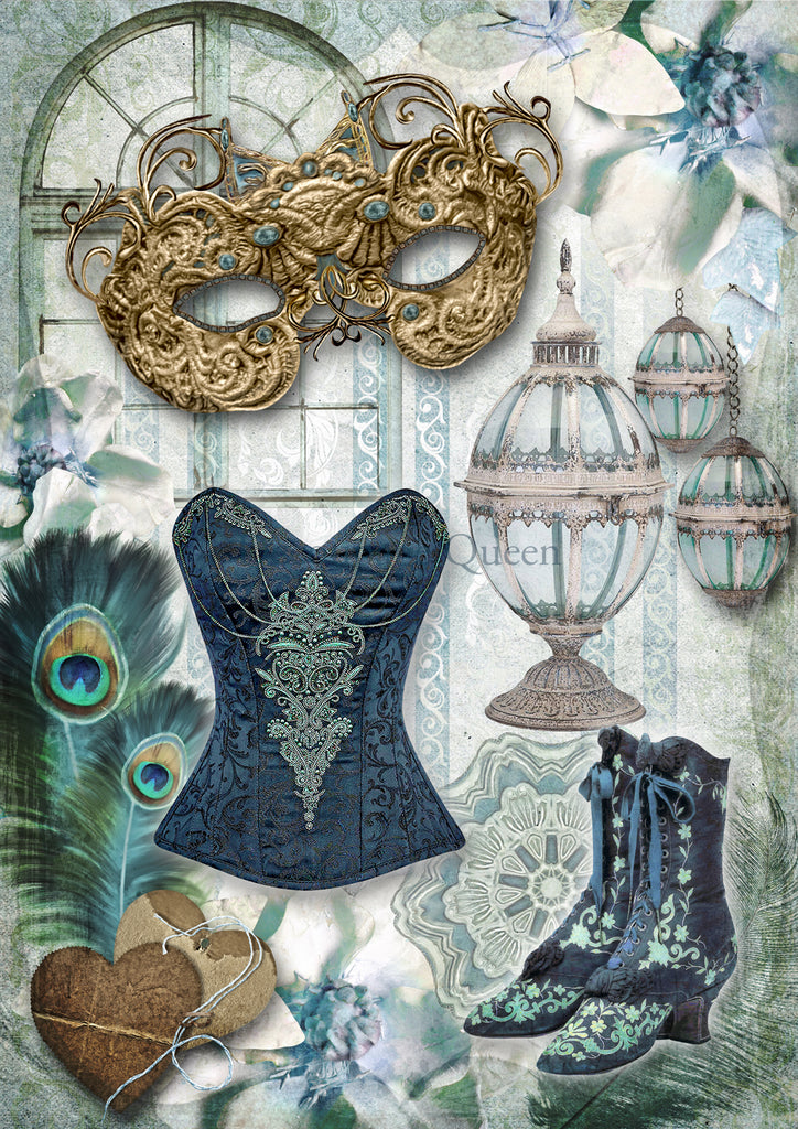 a carnivale theme image with blue corset, gold mas, green and purple peacock feathers and black boots Decoupage  Queen Rice Paper