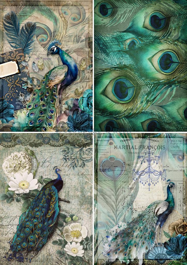 4 panes of pecocks and peacock feathers in green and blue Decoupage  Queen Rice Paper