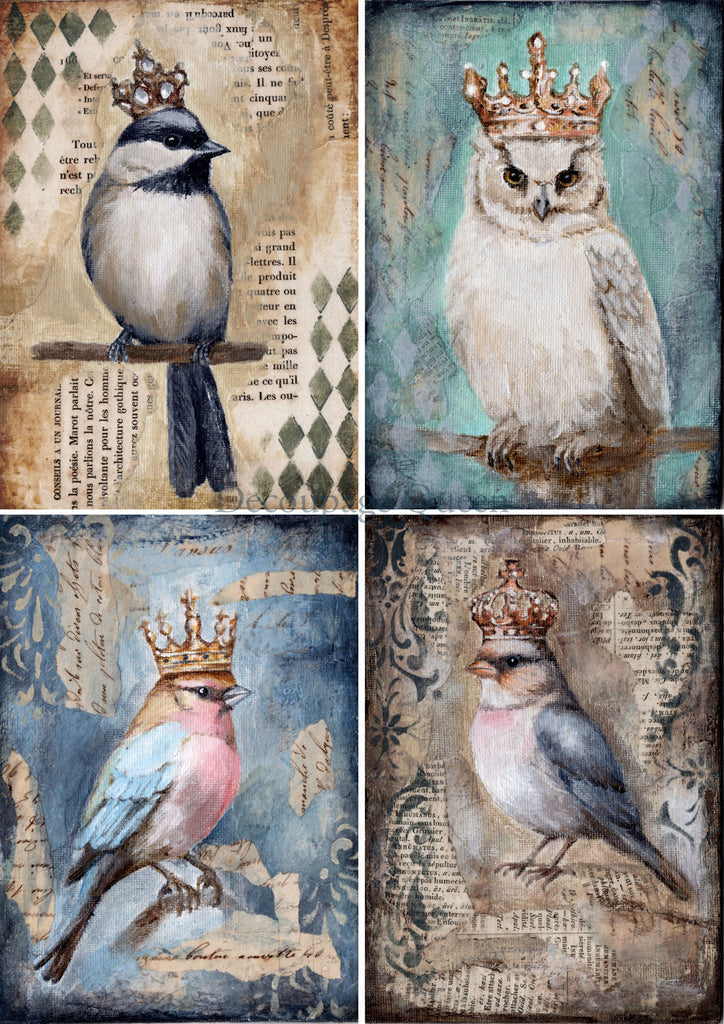 3 birds and 1 owl  in panes wearing golden crowns Decoupage  Queen Rice Paper