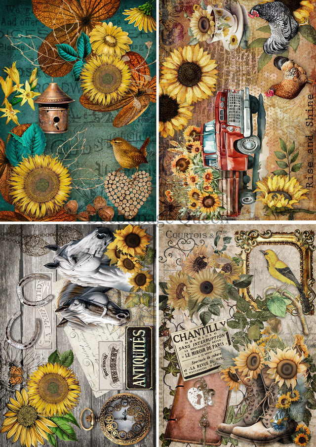 Vellum paper with 4 squares. Images of sunflowers, red vintage truck, cowboy boots, birds and horses. Bright green and yellow Fall themed hues.