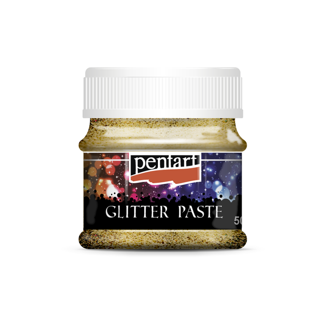 Gold colored glitter paint in clear jar with white top from Pentart