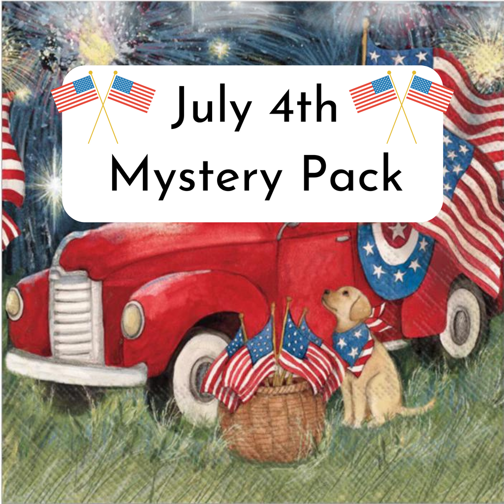 Yellow labrador dog near red truck with patriotic flags and red white blue. July 4th themed Mystery Variety Surprise Decoupage Napkin Pack 10/Pkg.