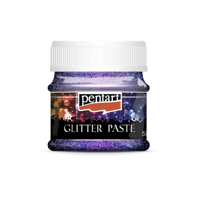 lilac colored glitter paint in clear jar with white top from Pentart
