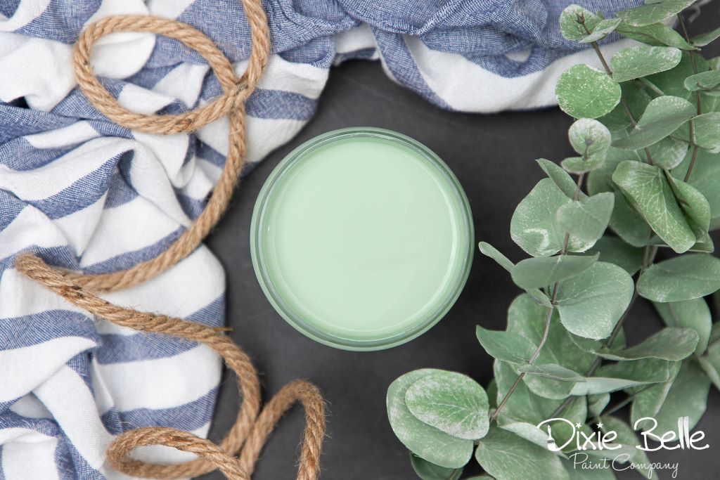 Jar of Dixie Belle chalk mineral paint in the color of Mint Julep greem