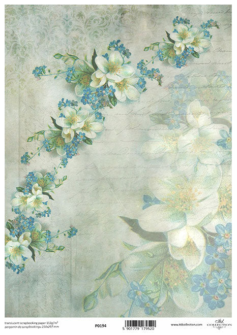 Blue and white floral. Beautiful European ITD Collection Vellum Paper is of Exquisite Quality for Decoupage Art