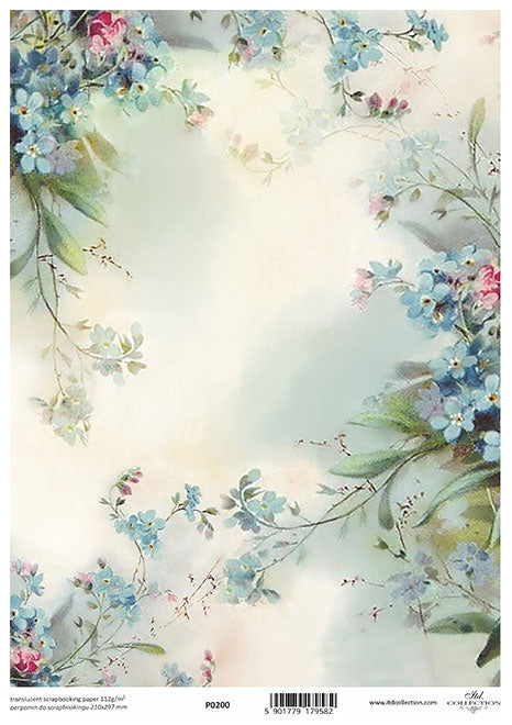 Blue and pink flower blossoms on branches. Beautiful European ITD Collection Vellum Paper is of Exquisite Quality for Decoupage Art