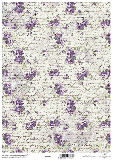 Small Lavender flowers on script background. Beautiful European ITD Collection Vellum Paper is of Exquisite Quality for Decoupage Art
