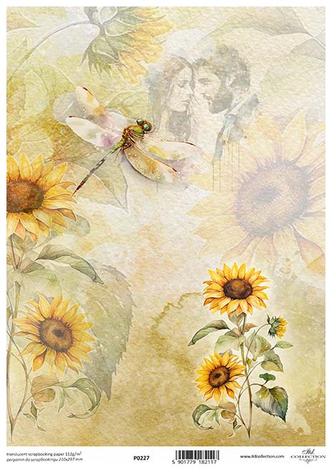 Sunflowers and dragonfly. Beautiful European ITD Collection Vellum Paper is of Exquisite Quality for Decoupage Art