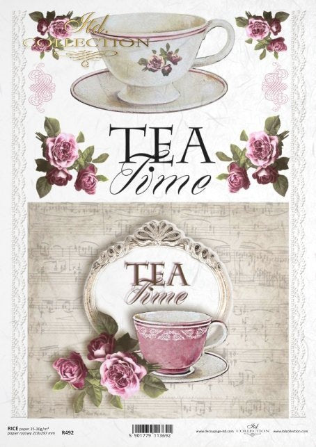 Two patterns with "Tea Time" tea cups and pink roses. ITD Collection high-quality European Decoupage Paper