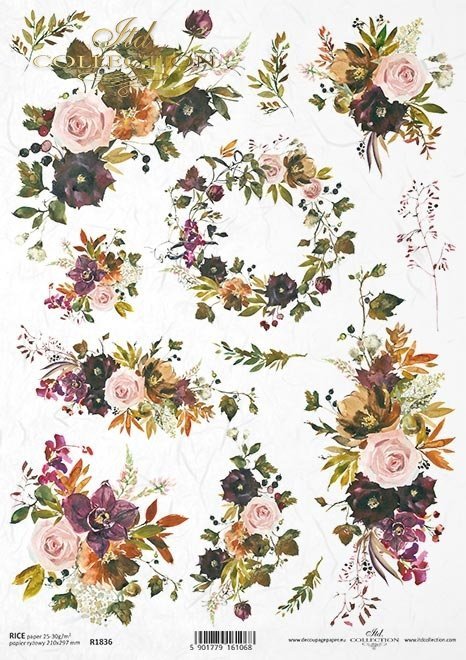 Deep purple and pale pink floral. ITD Collection high-quality European Decoupage Paper