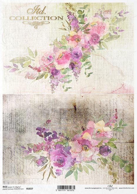 Pink purple florals on vintage script. ITD Collection high-quality European Decoupage Paper