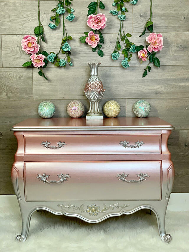 Dresser painted with Dixie Belle Moonshine Metallics paint in the color Silver Bullet.