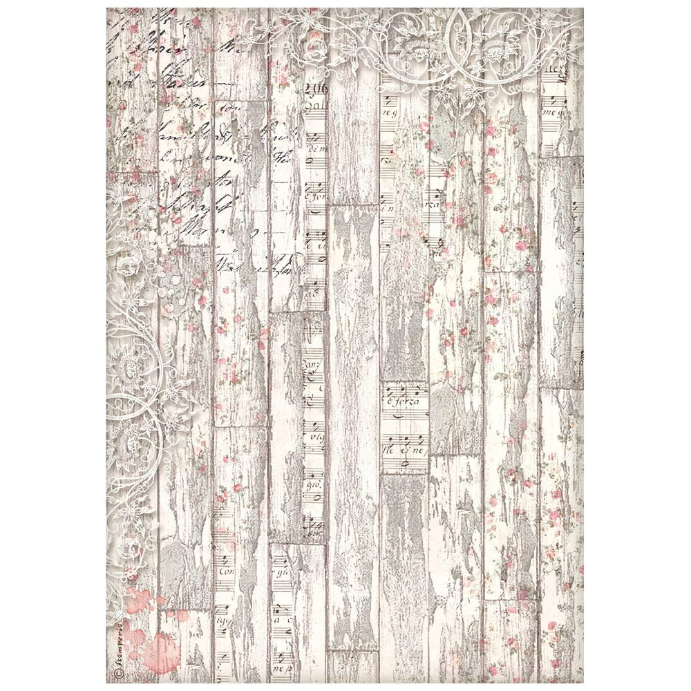 Small pink flowers on Grey etched wood pattern. Colorful European Rice paper used for Decoupage Art, Decoupage Crafts and Home Decor. 
