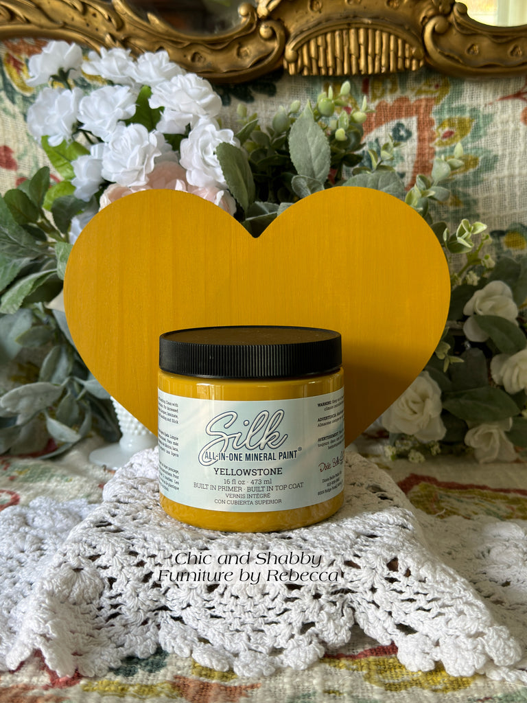 yellow stone color chalk paint from Dixie Belle on heart and in bottle
