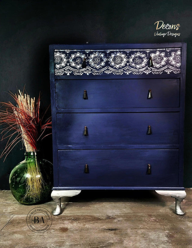 Blue dresser coated in Dixie Belle Glaze in the color of Black