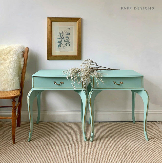  light green Tide Pool Silk paint from Dixie Belle on matching end tables