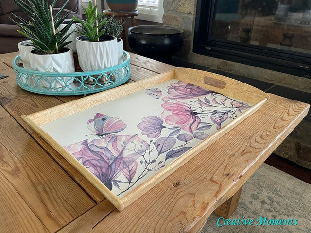 white chalk paint from Dixie Belle on tray with purple transfers