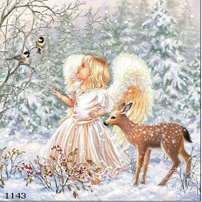 Beautiful Child angel with deer in winter Christmas Holiday Decoupage Napkin for Crafting, Scrapbooking, Journaling, Mixed Media