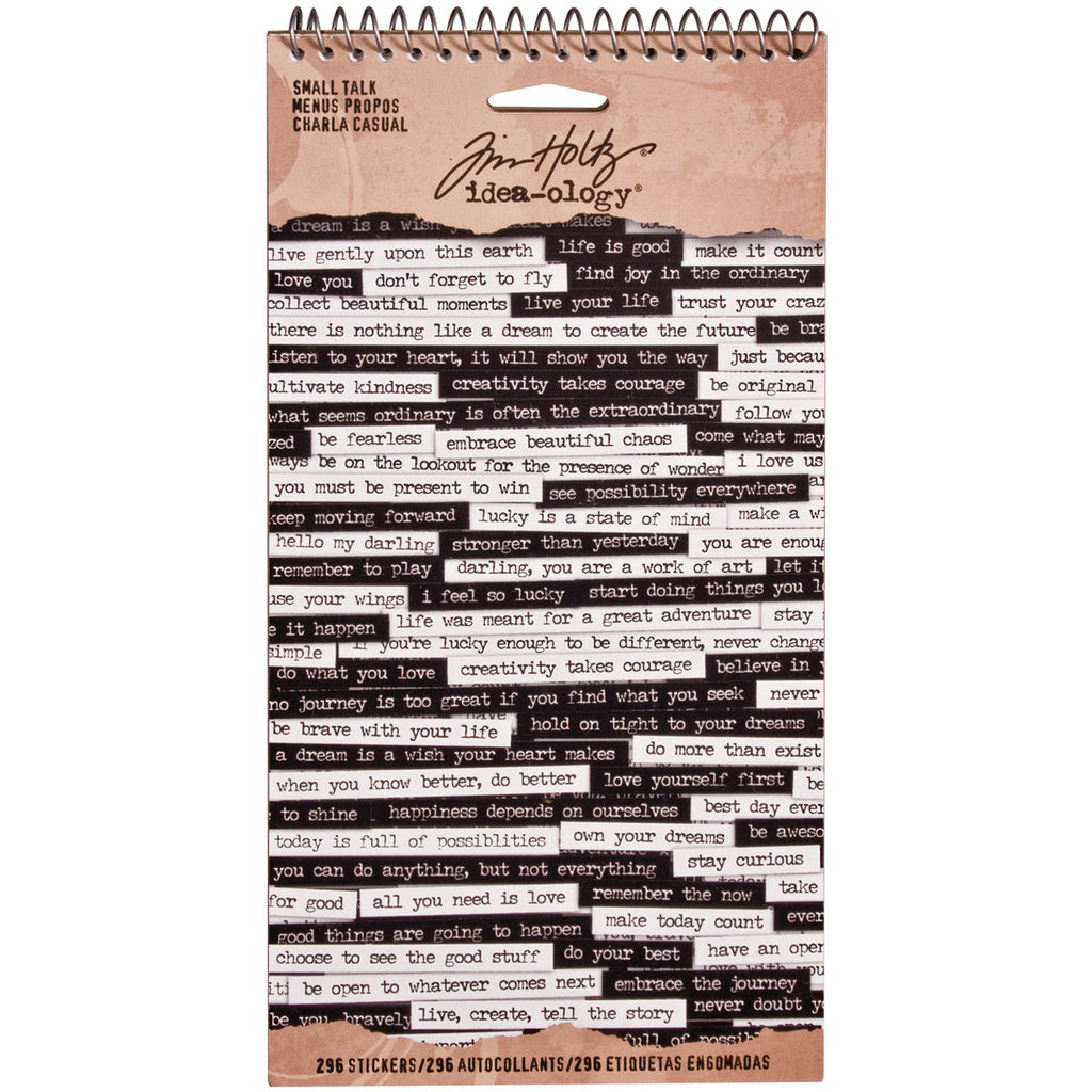 Tim Holtz Ideaology Small Talk spiral bound book with 3 sheets of black and 3 sheets of white word stickers. The perfect additions to all your paper crafting projects